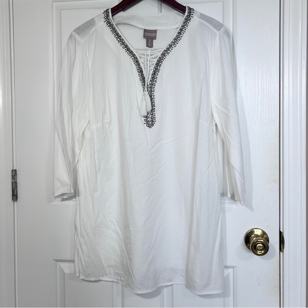 Chico's White Beaded Boho Tunic Blouse Size L Cotton Modal Embroidered Tassels